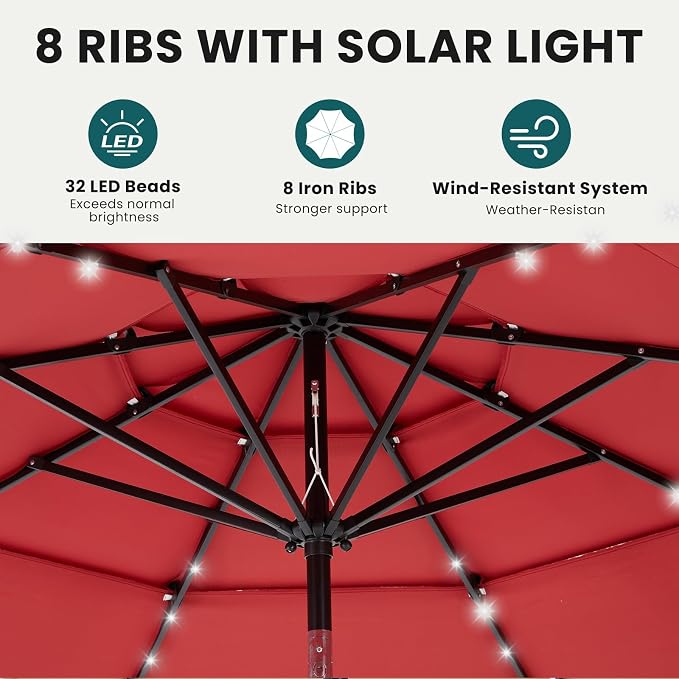 DUMOS Outdoor Solar Patio Umbrella 3 Tiers with 32 LED Lights, Beach Market Table Umbrella with Crank and 8 Sturdy Ribs for Pool, Terrace, Restaurant
