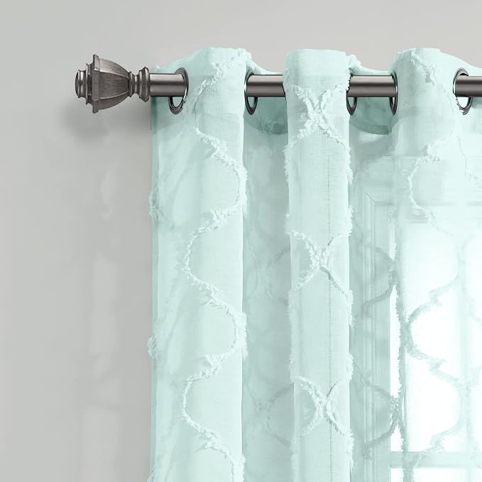 Lush Decor Avon Trellis Grommet Sheer Window Curtain Panels Pair 38" W x 84" L Blue - Sheer Curtains for Living Room - Modern Farmhouse Bedroom Curtains