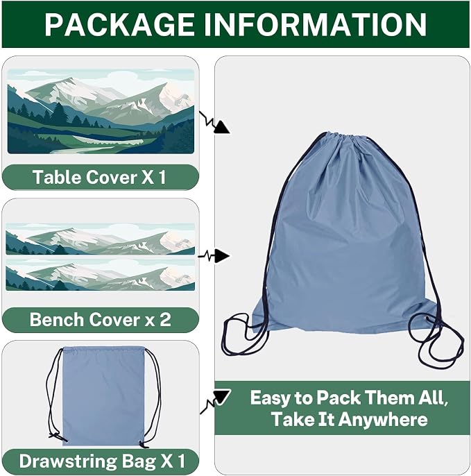3 Piece Fitted Picnic Table Cover with Bench Covers, 72"x30" Full Elastic Edge Camping Tablecloth, Waterproof Wipeable RV Outdoor Patio Park Camping Essentials With Drawstring Bag (Mountain)