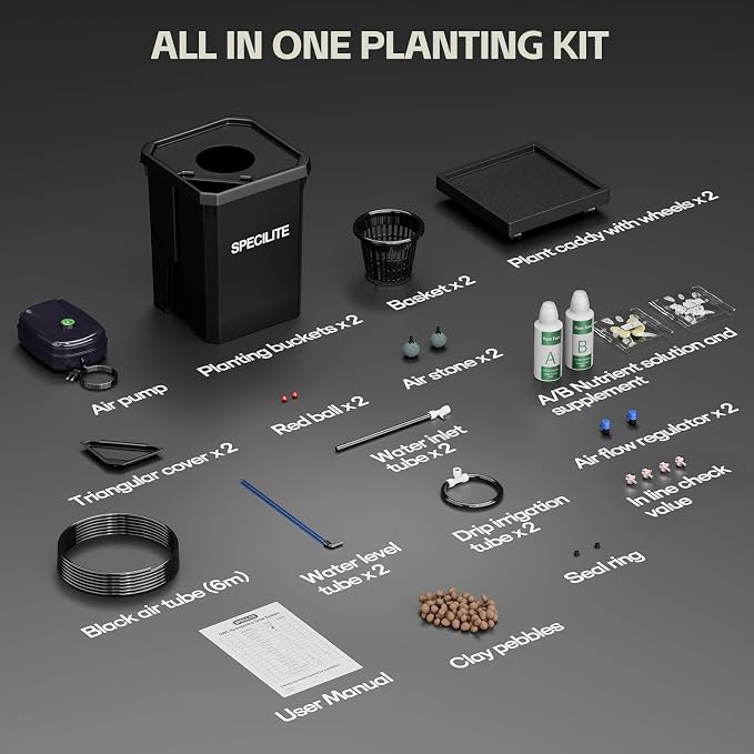 SPECILITE 7 Gallon 2 Buckets DWC Hydroponics Grow System with Wheels | Top Drip Kit, Deep Water Culture Recirculating Drip Garden System, Plant Stand with Air Pump, Air Stone, Air Hose
