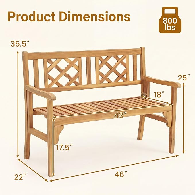 Giantex 4 Ft Foldable Outdoor Bench, Acacia Wood Outside Loveseat with Curved Backrest and Armrest, 705Lbs Weight Capacity, Garden Bench for Patio, Park, Porch, Balcony