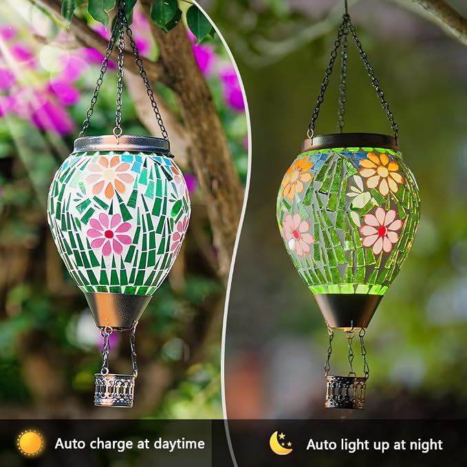 Hot Air Balloon Solar Lantern for Garden, Yard, Patio Decor | Handmade Glass, Hanging Outdoor Lanterns Waterproof, Decorative Solar Light
