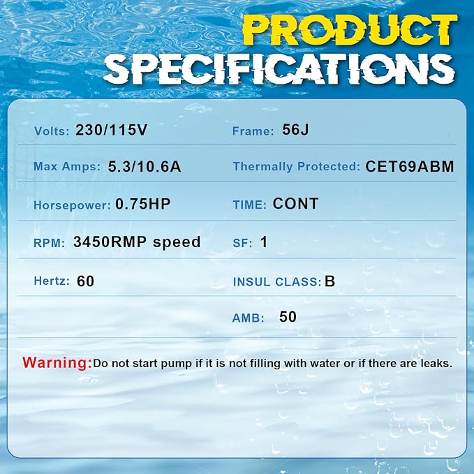 UST1072 Pool Pump Motor 3/4HP 56J C-Face Fit for Hayward Super Pump/Max-Flo | 115/230V Dual Voltage, 3450 RPM 56J C-Face, 5/8" 1045 Steel Shaft, ODP Protection, Fit for Century A.O. Smith