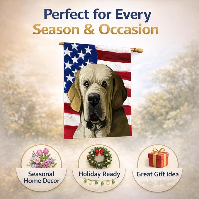 Caroline's Treasures CK6718CHF Spanish Mastiff Dog American Flag House Flag Large Porch Sleeve Pole Decorative Outside Yard Banner Artwork Wall Hanging, Polyester, House Size, Multicolor
