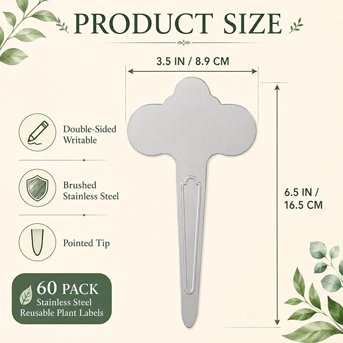 60 Pack Metal Plant Labels 6-1/2" x 3-1/2" Stainless Steel Outdoor Reusable Nursery Plant Name Tags Waterproof Garden Seed Labels Makers for Flowers Vegetable Pots Seedlings Herbs