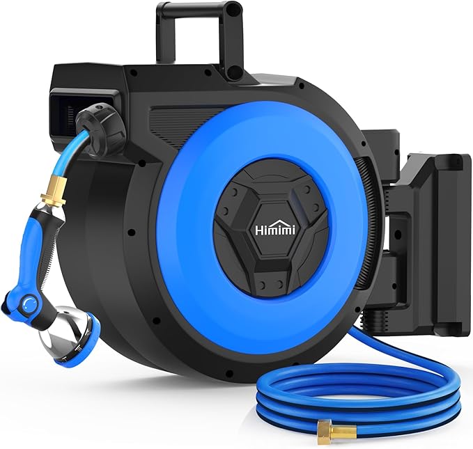 Retractable Garden Hose Reel, 5/8" x 90FT Automatic Retractable Water Hose Reel Wall Mount, with 10- Function Sprayer Nozzle, Any Length Lock/Auto Rewind/180°Swivel