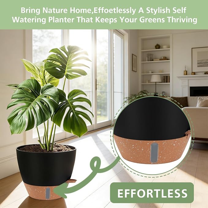 Self Watering Pots with Water Level Indicator, 12" 10" 9" 8" Large Plastic Flower Pots with Mesh Drainage Hole and Removable Saucer Reservoir for Indoor Outdoor Plants 4pcs （Black