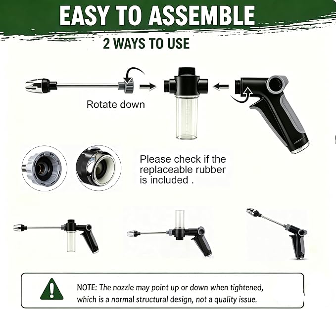 High Pressure Water Washer Jet with Foam Bottle, 360° Rotating Garden Hose Nozzle Sprayer, 3/4 in Connector, Adjustable Spray Wand with 4 Sealing Rings for Car, Yard, Patio, Pet Cleaning