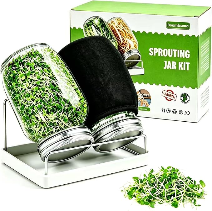 Premium Sprouting Jar Kit, 2Pack Wide Mouth Mason Jars with Mesh Sprouting Lids, Blackout Sleeves, Stand and Drip Tray, Professional Seed Sprouting Kit for Mung Bean, Broccoli Sprout Growing