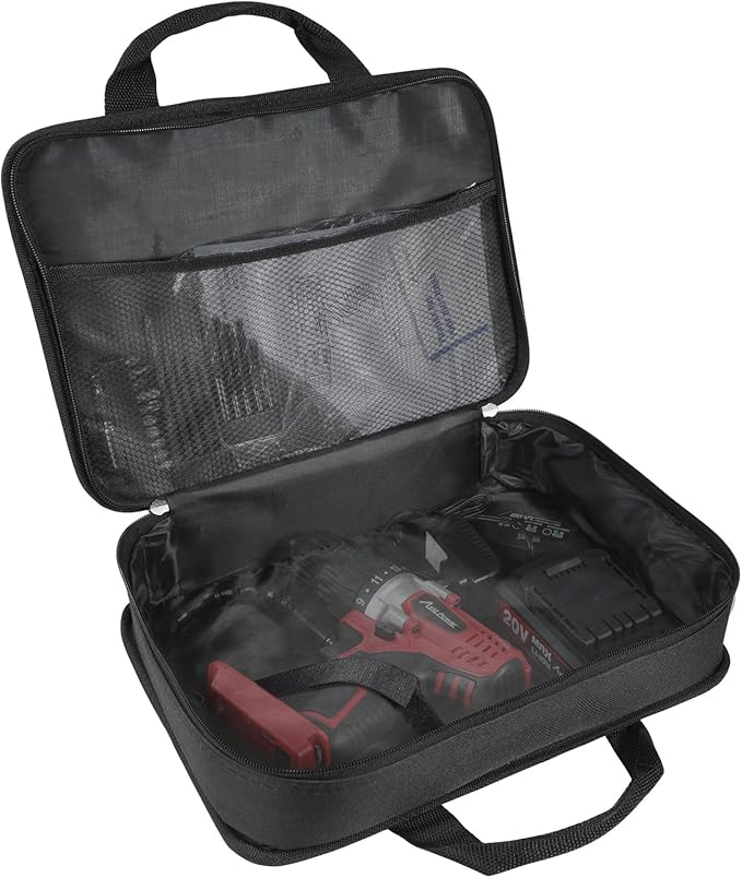 AVID POWER Tool Bag, 12 Inch Tool Storage Carrying Case, Suitable for Cordless Drill, Tire Inflator, Impact Wrench, Soft Canvas Power Tool Pouch with Mesh Dividers & Double Zipper