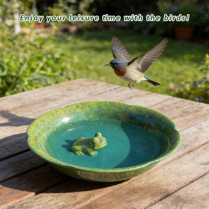 10" W Ceramic Bird Bath Bowl,Bird Bath for Outdoors with Frog Decor.