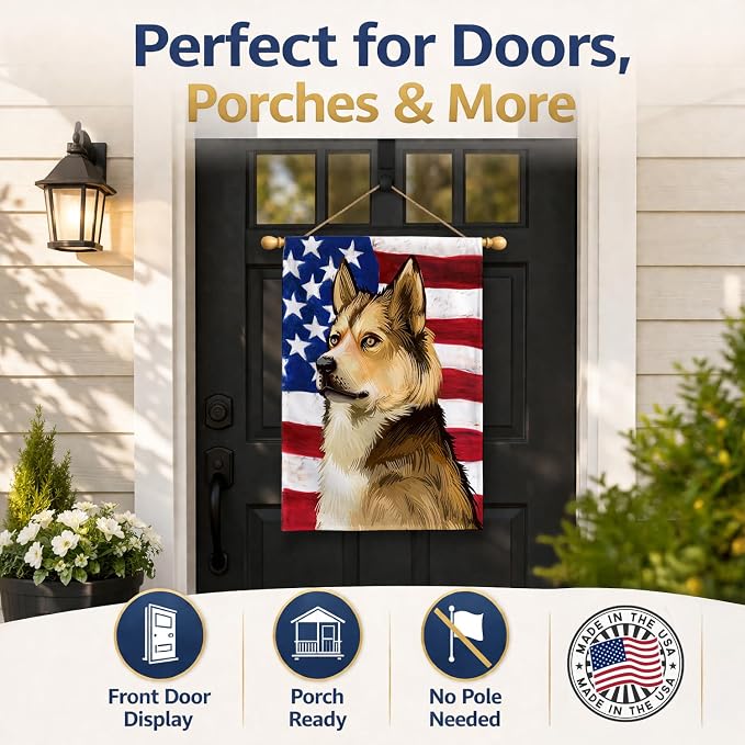 Caroline's Treasures CK6509CHF East Siberian Laika Dog American Flag House Flag Large Porch Sleeve Pole Decorative Outside Yard Banner Artwork Wall Hanging, Polyester, House Size, Multicolor