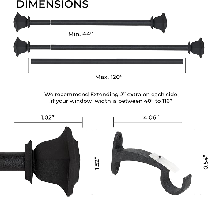 Deco Window Curtain Rods for Windows 44 – 120 Inch, 1 Inch Heavy Duty Extendable Metal Drapery Rod, Adjustable Curtain Rod with Decorative Quatro Finials for Living Room Bedroom, Dark Stone