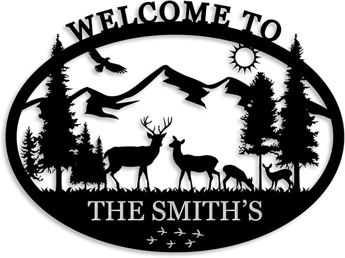 Personalized Deer Metal Cabin Sign, Custom Family Name Sign, Last Name for Home, Deer Monogram, Cabin Decor, Outdoor Hunting Deer, Hunter Gifts