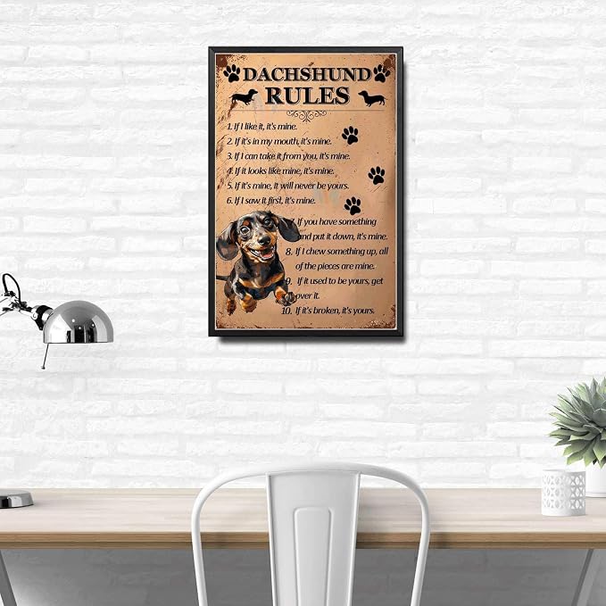 Metal Sign Tin Sign Vintage Wall Art Dachshund Rules Bar Sign for Club 8×12 Inches with Metal Frame