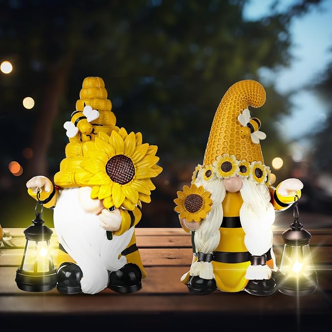 Suzile 2 Pack Sunflower Bee Gnome 9.4 Inch Garden Outdoor Statue Solar with Lantern Lights Gnomes Gifts for Women Outside Sunflower Bee Figurine for Yard Courtyard Lawn Patio Porch Decor