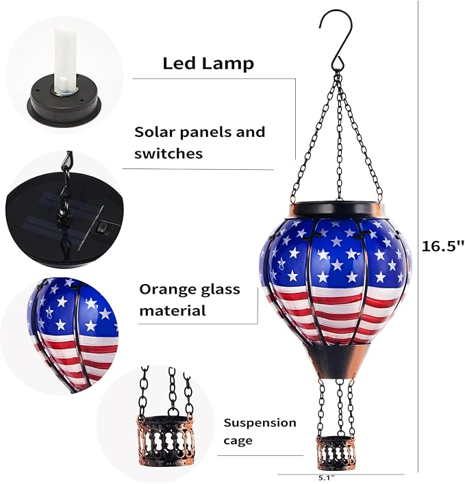 Larekook Solar Hot Air Balloon Lantern with Flickering Flame Light,Glass Outdoor Garden Decor,Hot Air Balloon Solar Lantern Outdoor Waterproof Hanging Light for Yard Patio Porch Lawn(American Flag)