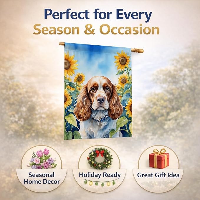 Caroline's Treasures DAC6058CHF Cocker Spaniel in Sunflowers House Flag Large Porch Sleeve Pole Decorative Outside Yard Banner Artwork Wall Hanging, Polyester, House Size, Multicolor