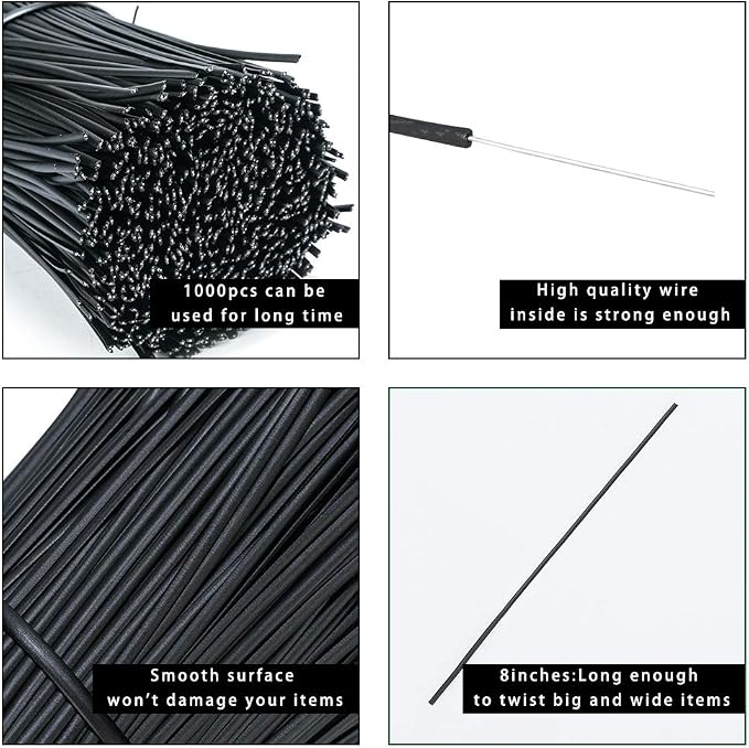 SumDirect 1000Pcs 8 Inch Plastic Twist Ties,Cable Ties for Making Facial Face Mask Plants Party Cello Candy Gift Bags Cake Pops-Black