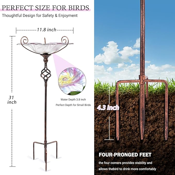 VCUTEKA Glass Bird Bath Outdoor BirdBath Bird Feeder with Metal Stake Garden Decor, Pink