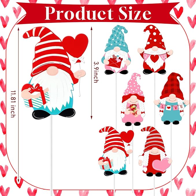 Pickmesh 6 Pcs 12 Inch Valentine's Day Metal Yard Sign Valentines Gnome Metal Yard Sign Barn Garden Stake for Planter Pot Walkway Pathway Outdoor Decor Lawn Decoration