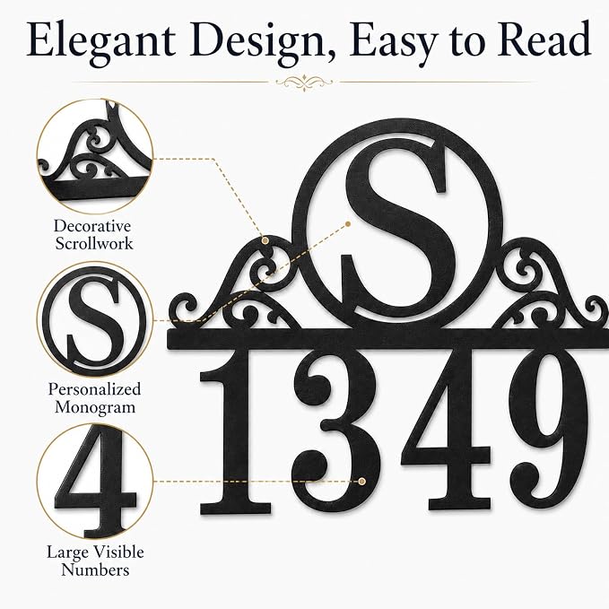 Personalized Metal Address Sign Custom House Number Plaque with Monogram Initial Decorative Scroll Numbers for Outside Front Door Porch Entryway Garden Patio Yard Decor