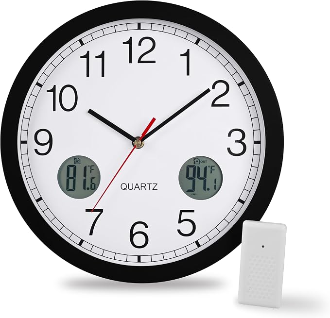 jomparis Outdoor Clock Waterproof with Thermometer Combo Metal Frame Silent Wall Clock for Patio Pool 12 Inch