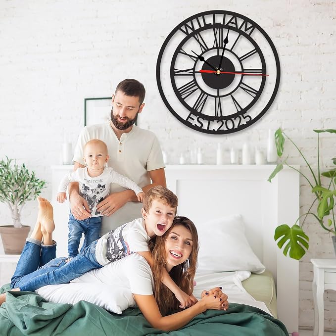 Personalized Large Outdoor Clock Waterproof, Custom Family Name Outdoor Pool Clock with Roman Numeral, Silent Vintage Modern Wall Clock Decorative for Living Room Bedroom Decor, Customized Gifts
