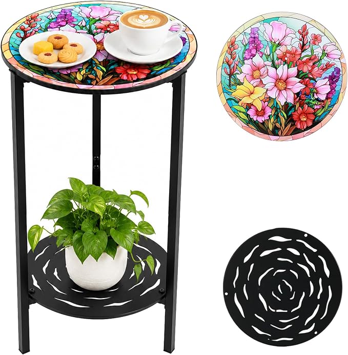 2-Tier Metal Round Side Table Accent Coffee Tables Small Space Corner Plant Stand Shelf for Indoor Outdoor Use Patio Balcony End Table Colorful Floral Print Weather-Resistant