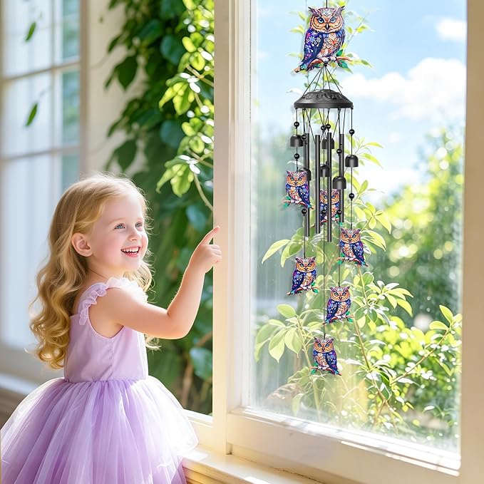 35" Wind Chimes for Outside, Hand-Tuned Aluminum Windchimes with 6 Bells & Owl Decor, Rustproof Metal Chimes for Garden Patio Porch, Sympathy Memorial Gift for Mom Women(Owl)