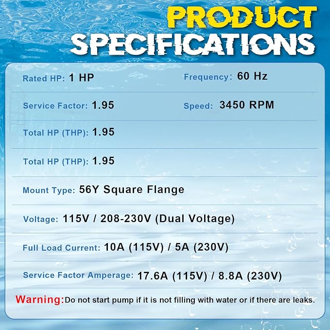 355010S Pool Pump Motor 1HP Fit for Pentair Whisperflo 3450 RPM 1 Speed | 115/208-230 V, Energy Efficiency, Swimming Pool Motor