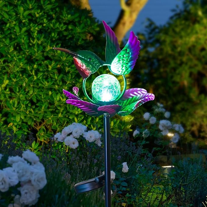 Solar Wind Spinners Outdoor,Green Hummingbird Garden Wind Spinner for Yard Art Lights,Waterproof LED Cracked Glass Ball Pinwheel for Outdoor Yard Lawn Patio Decorations