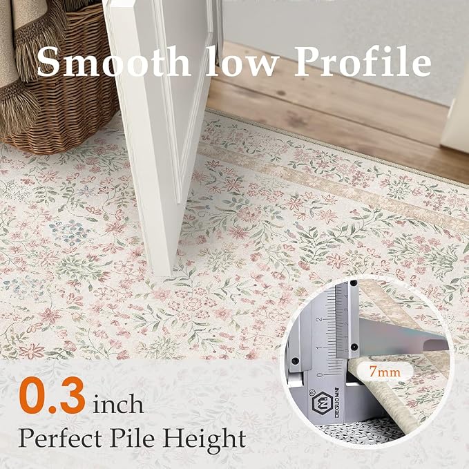 2x8 Pink Floral Runner Rug Vintage Farmhouse Style | Washable, Non Slip, Soft Low Pile, Long Hallway Carpet for Kitchen, Entryway, Laundry Room, Botanical Decor