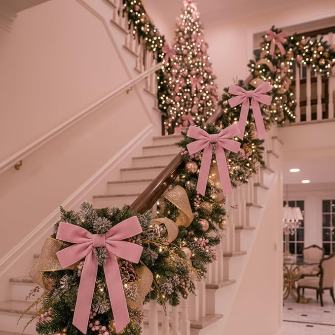 Soulchen 12 Pcs 20 Inches Christmas Garland Ties with Large Velvet Bows Reusable Holiday Wreath Twist Tie Bows for Banister Christmas Tree Indoor Outdoor Party Decorations (Pink)