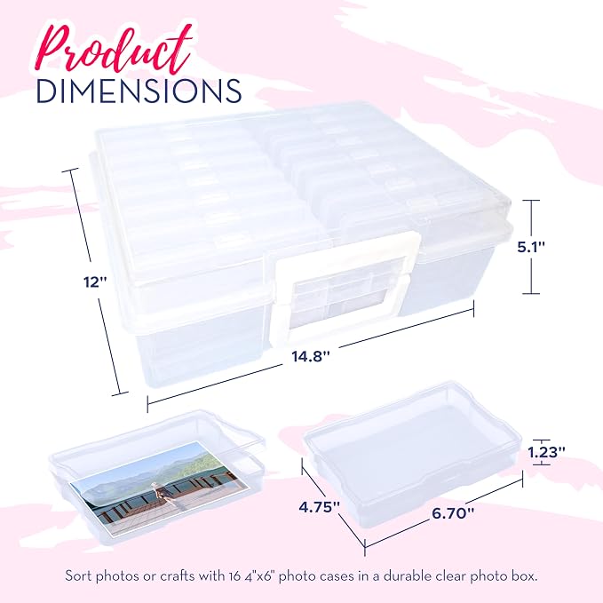 4E's Novelty 16 Pack Clear Transparent Photo Storage Box with 4x6 Photo Cases and Photo Organizing Box Plastic for Scrapbooking Containers, Classroom Organization
