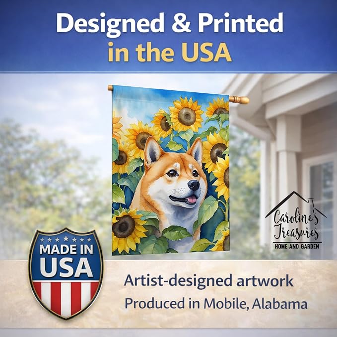 Caroline's Treasures DAC6161CHF Shiba Inu in Sunflowers House Flag Large Porch Sleeve Pole Decorative Outside Yard Banner Artwork Wall Hanging, Polyester, House Size, Multicolor