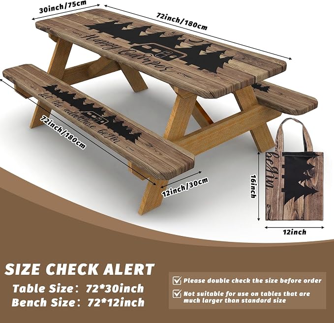 Picnic Table Cover with Bench Covers Elastic Edges Camping Essentials 4 Pcs Wood Grain Waterproof Oil-Proof Tablecloth with Handbag for RV Accessories Farmhouse Camping Rustic Party Decor 72 IN