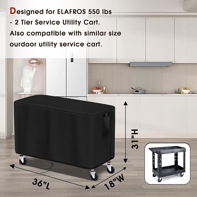 Outdoor Cart Cover for ELAFROS 550 lbs 2 Tier Plastic Utility Cart, Waterproof Service Cart Covers Rolling Tool Cart Covering - 36"Lx18"Wx29"H, Black