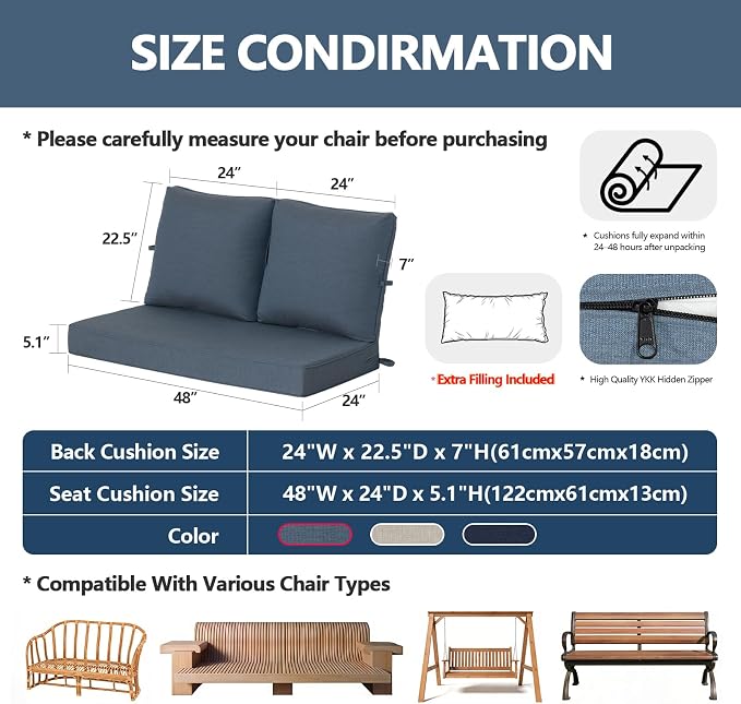 Goodgoods 48 x 24 Sunbrella Outdoor Loveseat Cushion Set, Fade-Resistant & Water-Resistant Furniture Chair Cushions with 30D High-Resilience Foam for Couch, Bench, and Swing, Spectrum Denim