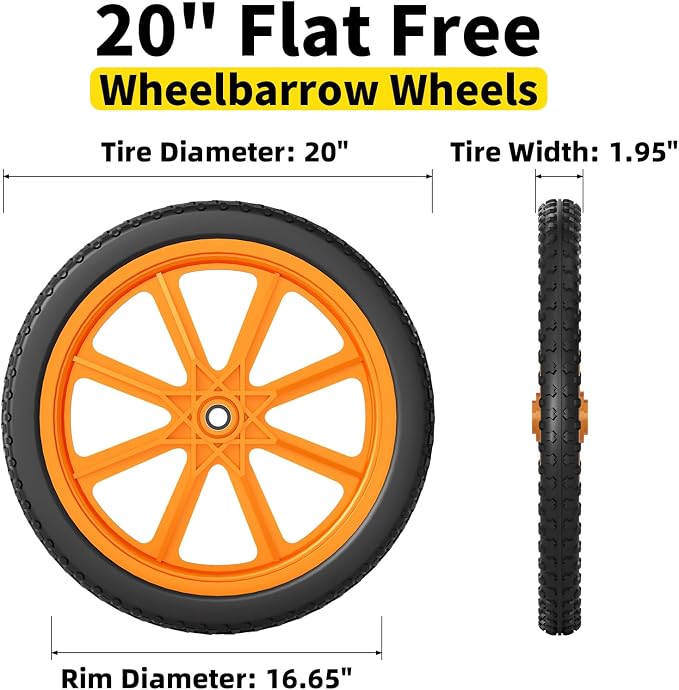 RONPOW 20 Inch Flat Free Wheelbarrow Wheels Compatible with rubbermaid Wheelbarrows Cart Tires, 5/8" Bearings and 3/4" Bearings, Replacement Wheelbarrow Wheels Garden Yard Carts, 400Lbs, 2Pack Orange