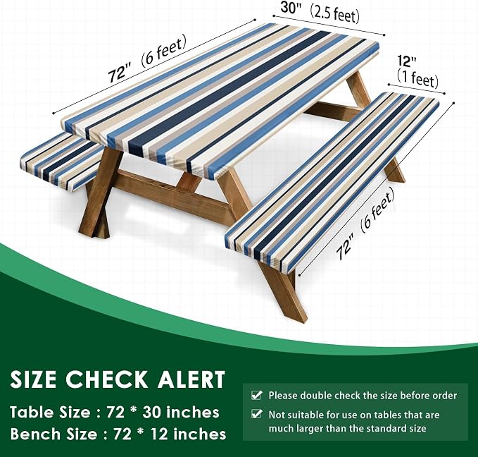 Picnic Table Cover with Bench Covers Elastic Edges, Brown Tripes Camper Fitted Table Cover, Outdoor Patio Camping Essentials 72 Inch 3PCS, Waterproof Camping Fitted Tablecloth with Drawstring Bag
