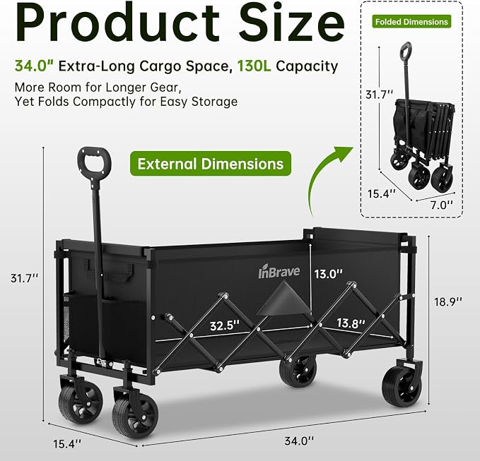 Extra Long Collapsible Wagon Cart, 360LBS Heavy Duty Utility Wagons with All-Terrain Wheels, Foldable Grocery Carts for Gardening, Shopping, Beach, Camping, Black