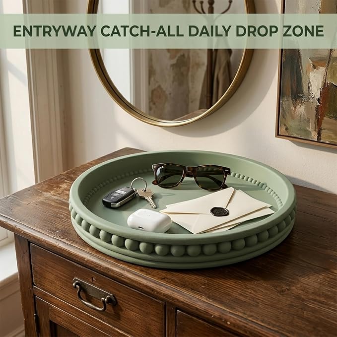 11" Round Concrete Decorative Centerpiece Tray for Coffee Table Sage Green | Modern minimalist centerpiece tray for coffee table, living room, dining & office storage display, sturdy tabletop home decor