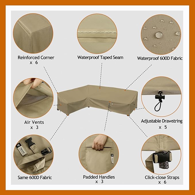 Heavy Duty Outdoor Sectional Couch Covers, 83"X104" Waterproof 600D Patio Sectional Sofa Cover, L-Shaped Lawn Patio Furniture Cover, Left Facing