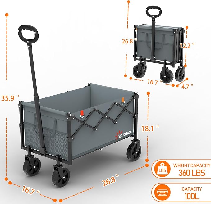Yozoia Wagons Carts Foldable, Lightweight Portable Utility Shopping Cart with Wheels, Folding Grocery Wagon Cart for Grocery, Camping, Shopping, Beach, Garden, Sports Grey