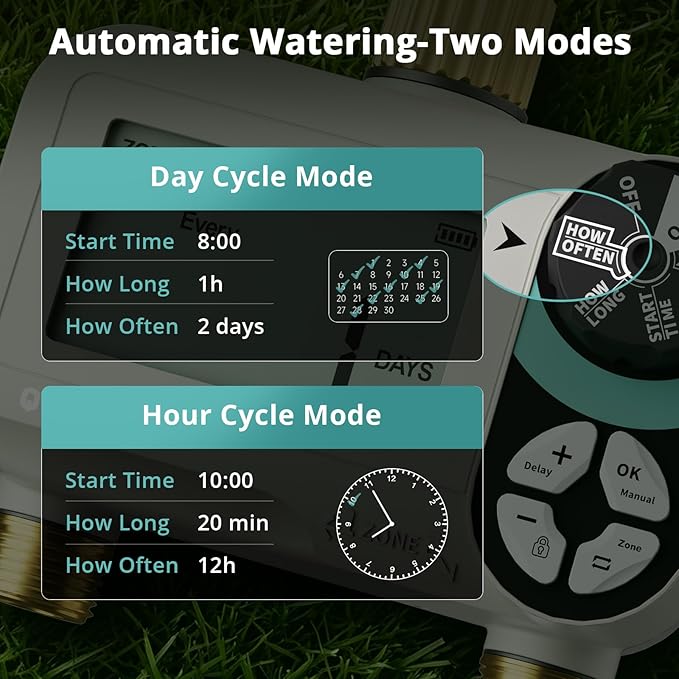 QUOBAS Zero Pressure Sprinkler Timer with Child Lock, Programmable Water Timer for Garden Hose Faucet with Brass Ports, Rain Delay/Manual/Auto Irrigation System, 2 Zone Watering for Rain Barrel