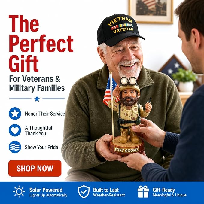 Military Garden Gnome - Patriotic Veteran Gift, 11 Inch | A saluting soldier with solar-lit goggles, for Memorial Day, Veterans Day and the 4th of July. Weatherproof resin.