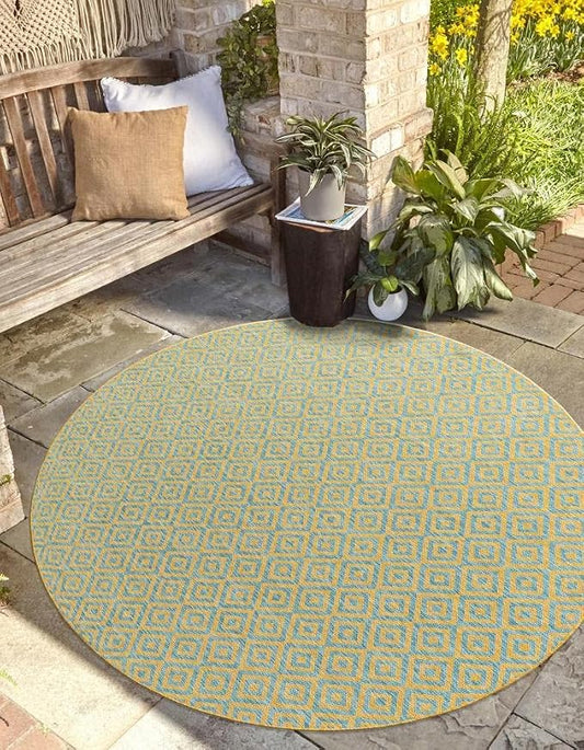 Unique Loom Jill Zarin Jill Zarin Outdoor Collection Area Rug - Costa Rica (10' 8" Round, Yellow and Aqua/Light Blue)