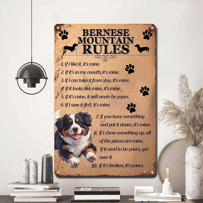 Metal Sign Tin Sign Vintage Wall Art Bernese Mountain Rules Bathroom Signs for Home for Pub 8×12 Inches