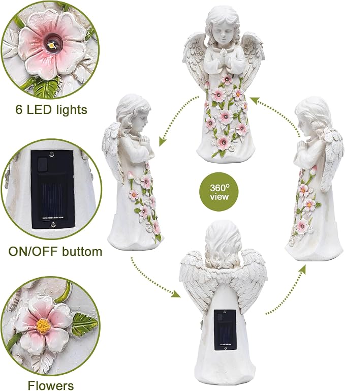 Solar Garden Outdoor Statues Angel with Succulent | 7 LED Lights, Lawn Decor Statue for Patio, Balcony, Yard Ornament, Gifts for Mom Grandma Women